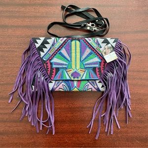 NWT Fair Trade Boho Fringe Suede Embroidered Handmade Clutch with Should…